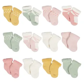 12-Pack Baby Girls Golden Floral Terry Wiggle Proof Socks