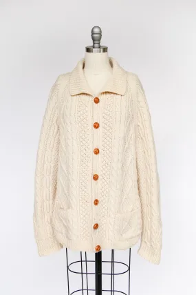 1970s Irish Wool Cardigan Fisherman Sweater Knit L