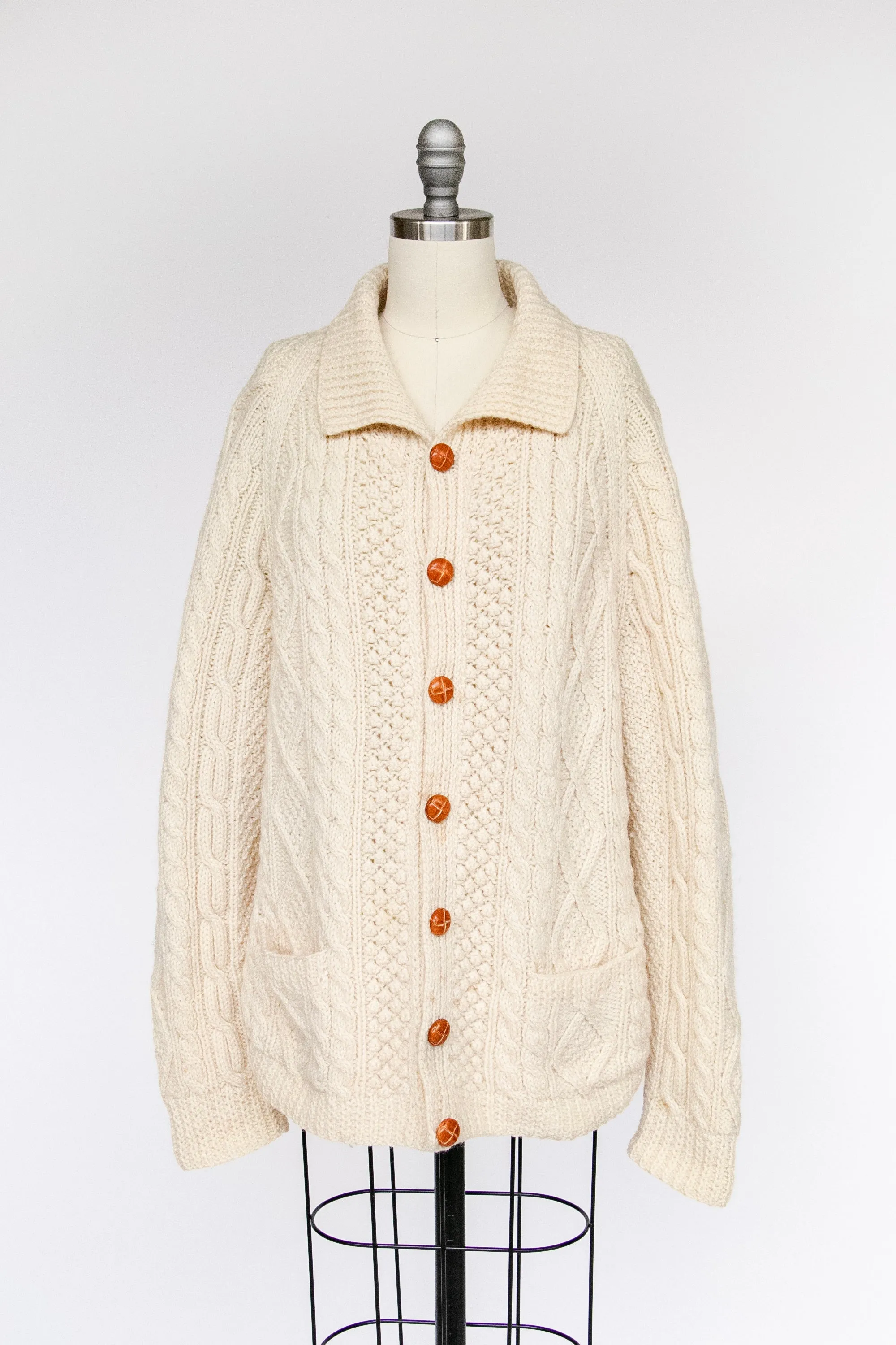 1970s Irish Wool Cardigan Fisherman Sweater Knit L