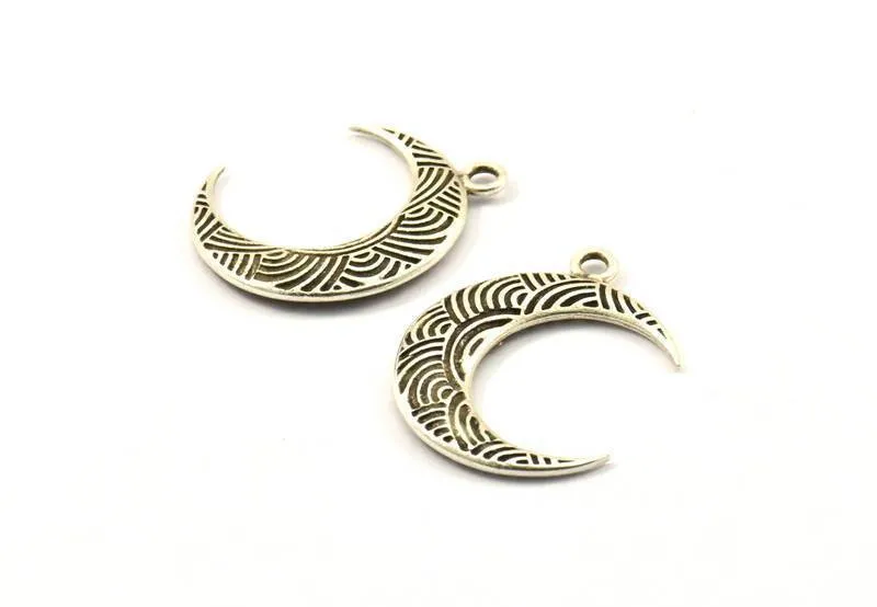 Antique Silver Crescent Pendant, 2 Antique Silver Plated Textured Horn Charms, Pendant, Jewelry Finding (27x8x3.30mm) N0237