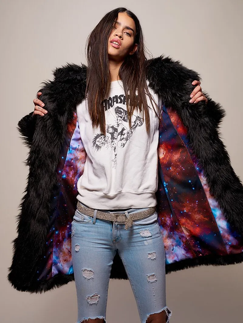 Black Wolf Galaxy Faux Fur Coat