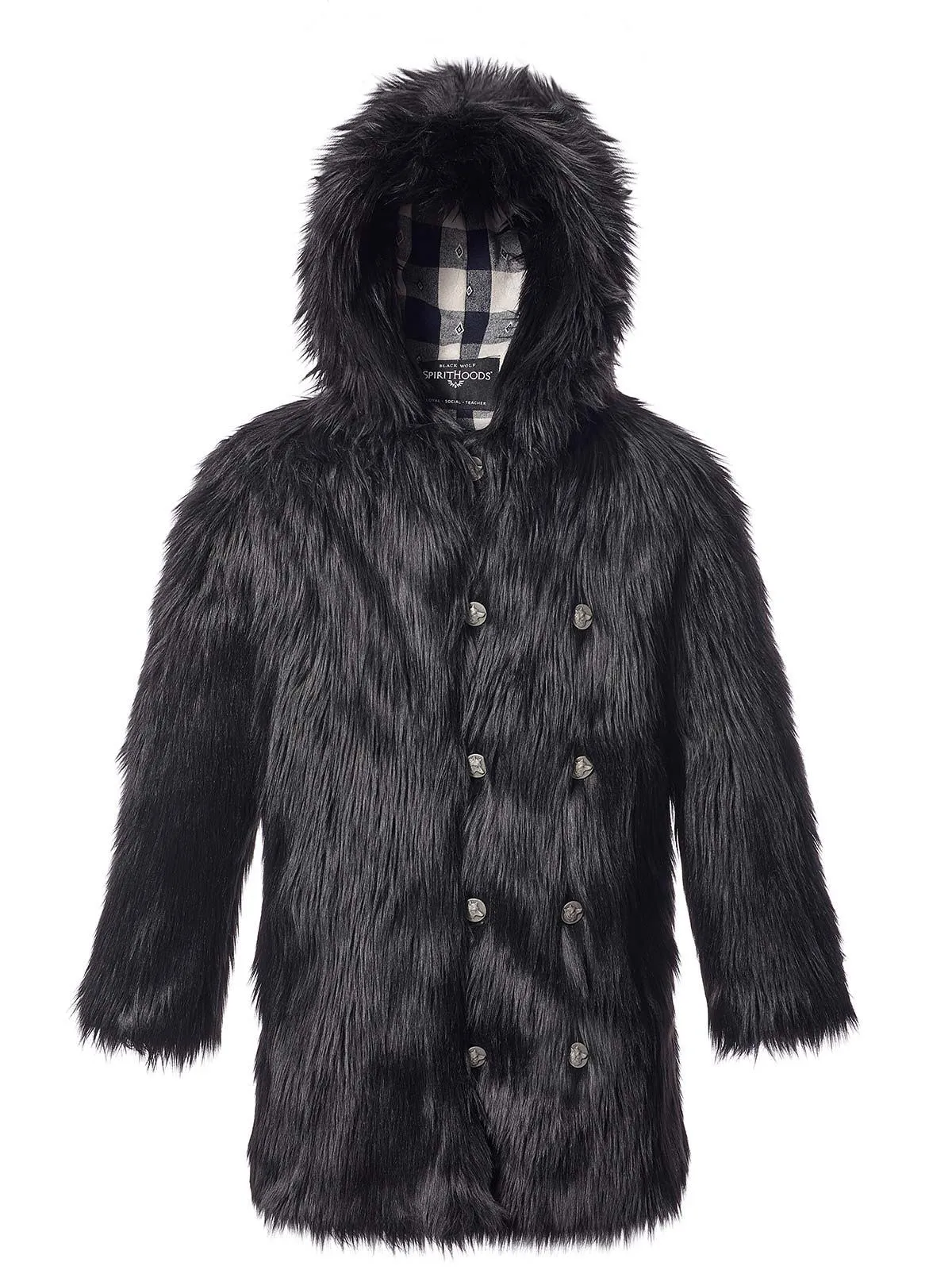 Black Wolf Plaid Hooded Faux Fur Coat | Men's