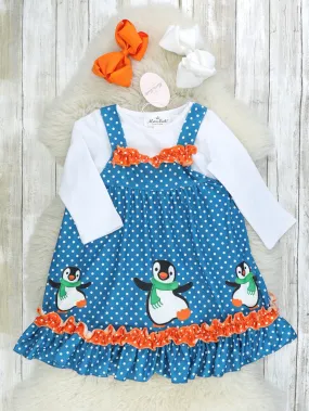 Blue Polka Dot Penguin Dress W/ White Shirt