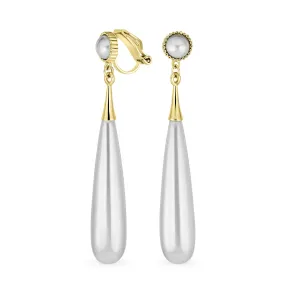 Bridal Elongated Teardrop Dangle White Faux Pearl Chandelier Earrings