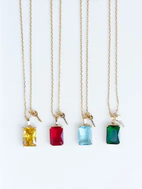 Emerald Cut Gemstone and Mini Key Necklace in Gold