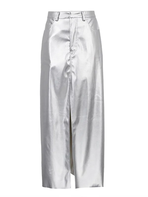 Front Split Silver Color Leather Midi Skirt