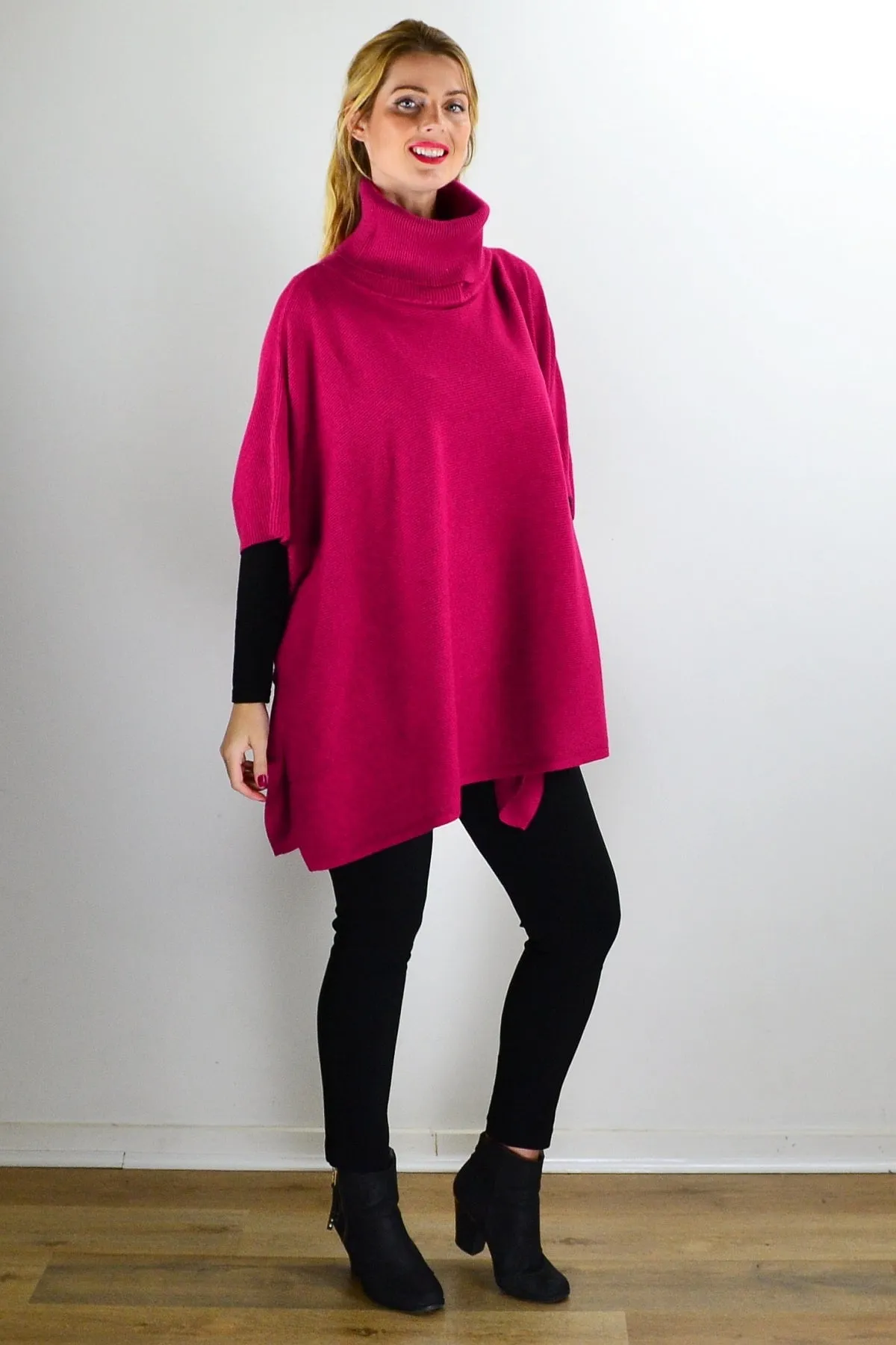 Fuchsia Turtle Neck Wool Blend Knit Poncho