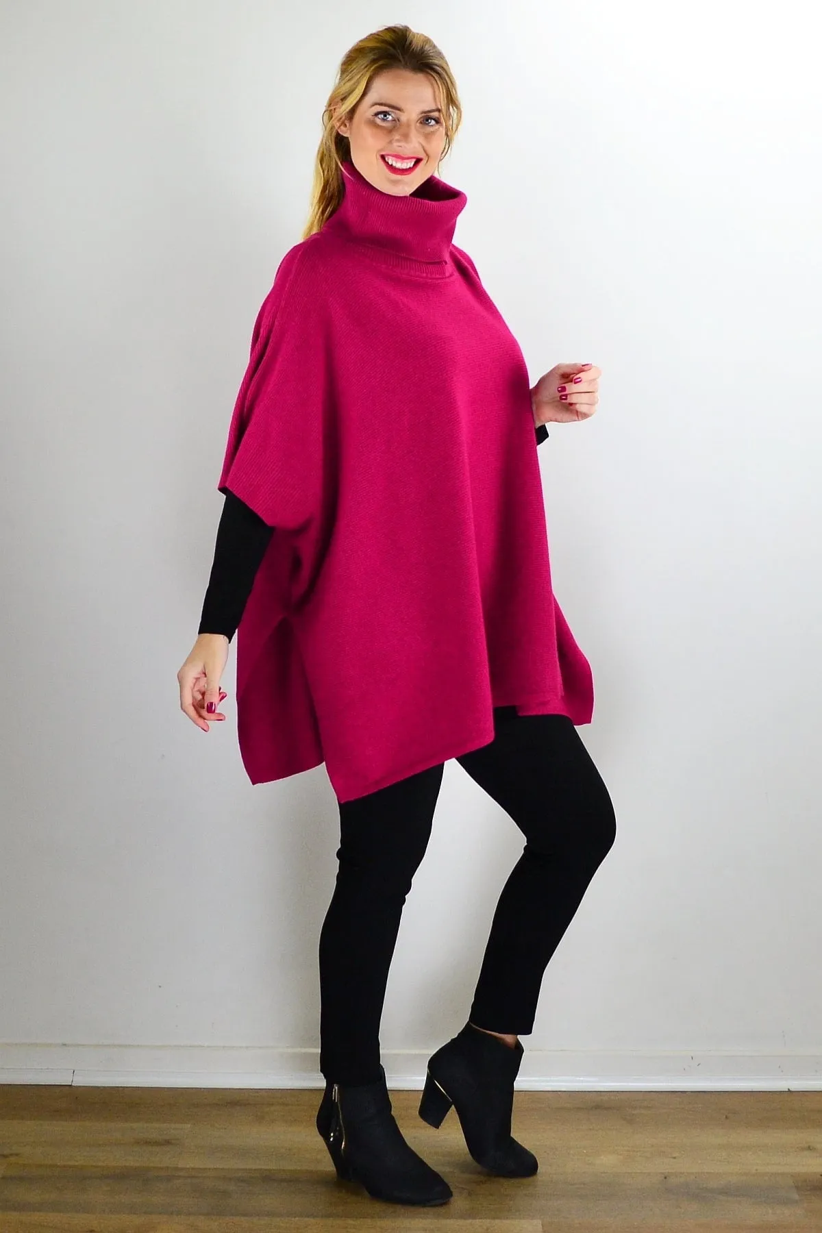 Fuchsia Turtle Neck Wool Blend Knit Poncho