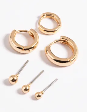 Gold Ball Stud & Huggie Earrings 6-Pack