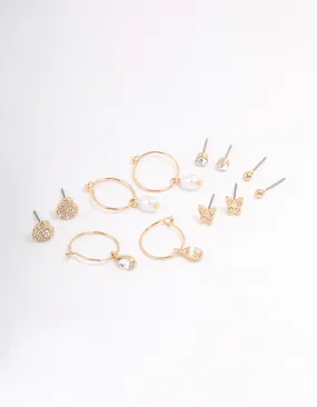 Gold Diamante Charm & Pearl Earrings 6-Pack