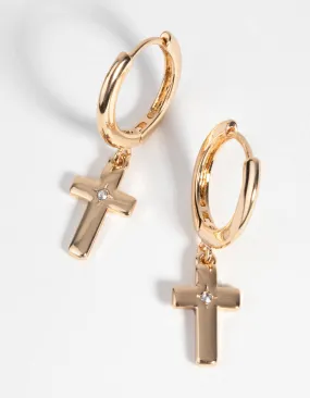 Gold Diamante Cross Huggie Hoop Earrings