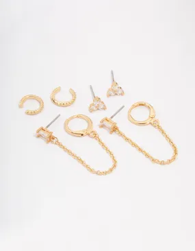 Gold Plated Baguette Chain Flower Earring 4-Pack