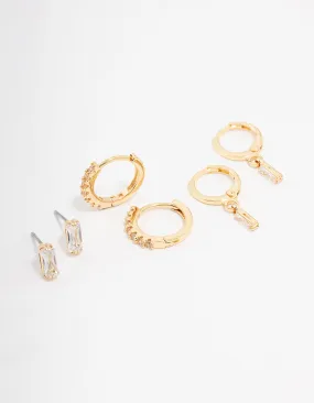 Gold Plated Baguette Stud & Huggie Earring 3-Pack