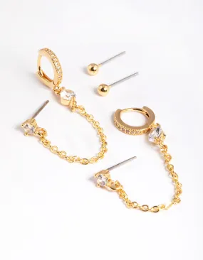 Gold Plated Cubic Zirconia Pave Huggie Chain Earrings 6-Pack