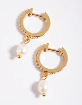 Gold Plated Cubic Zirconia Pearl Huggie Hoop Earrings