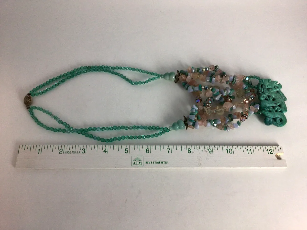 Green & Pink Jade Dragon Beaded Multi-Strand Necklace