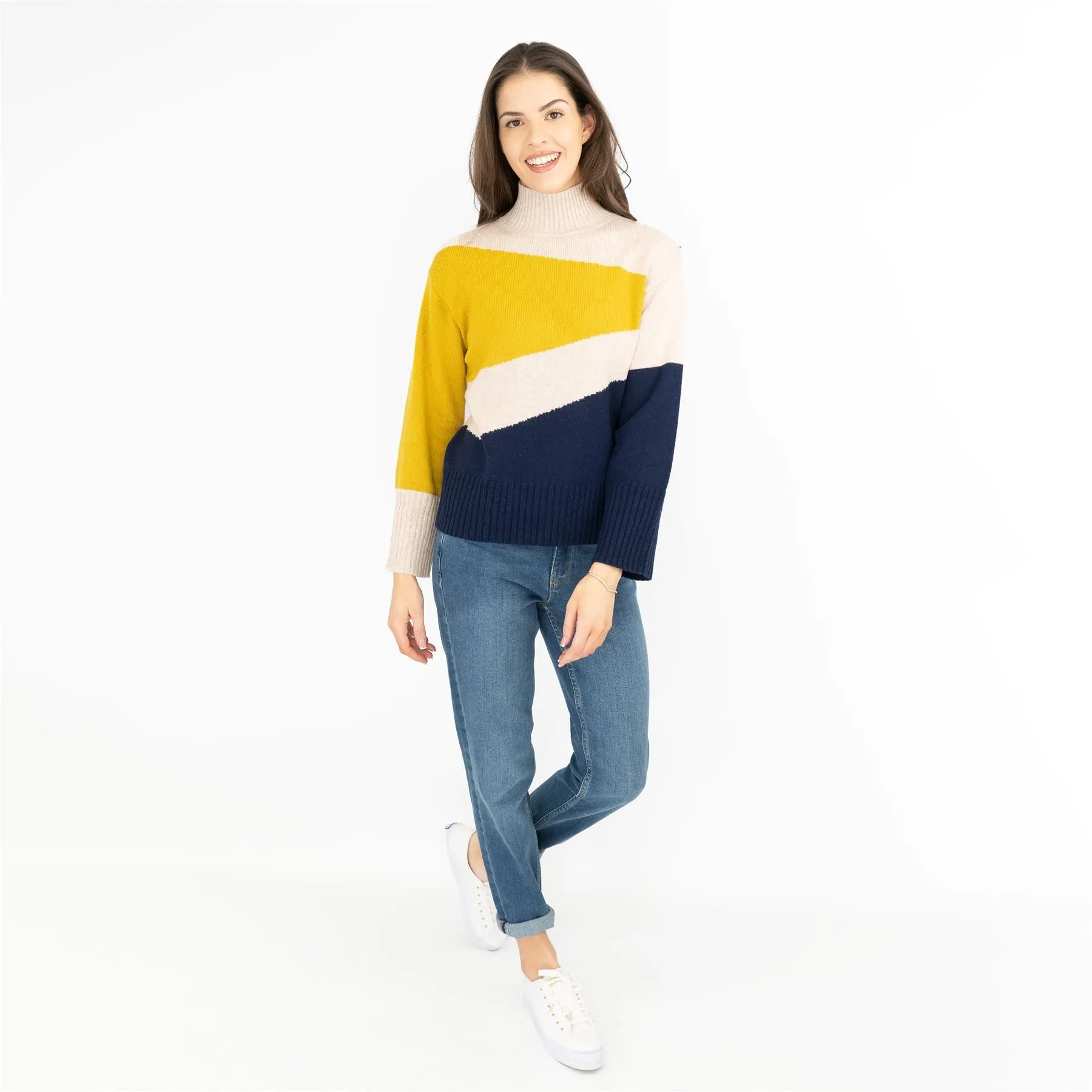 M&S Colour Block Funnel Neck Wool Blend Jumper