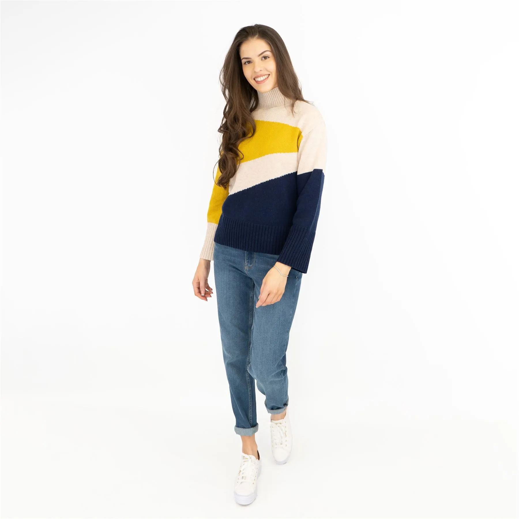 M&S Colour Block Funnel Neck Wool Blend Jumper