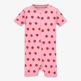 Organic short sleeve zip romper in ladybugs