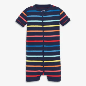 Organic short sleeve zip romper in sunrise rainbow stripe