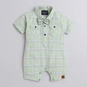 Polka Tots Cotton Half Sleeve Checks Party Wear Shirt Romper With Dual Bow - Light Green