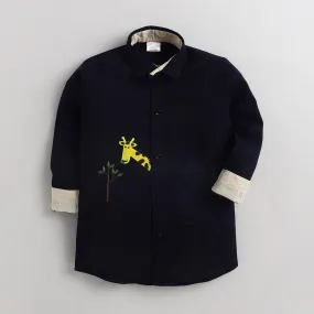 Polka Tots Full Sleeve Giraffe Eating Food Patch Shirt - Navy