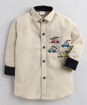 Polka Tots Full Sleeves Car Embroidered Shirt - Beige