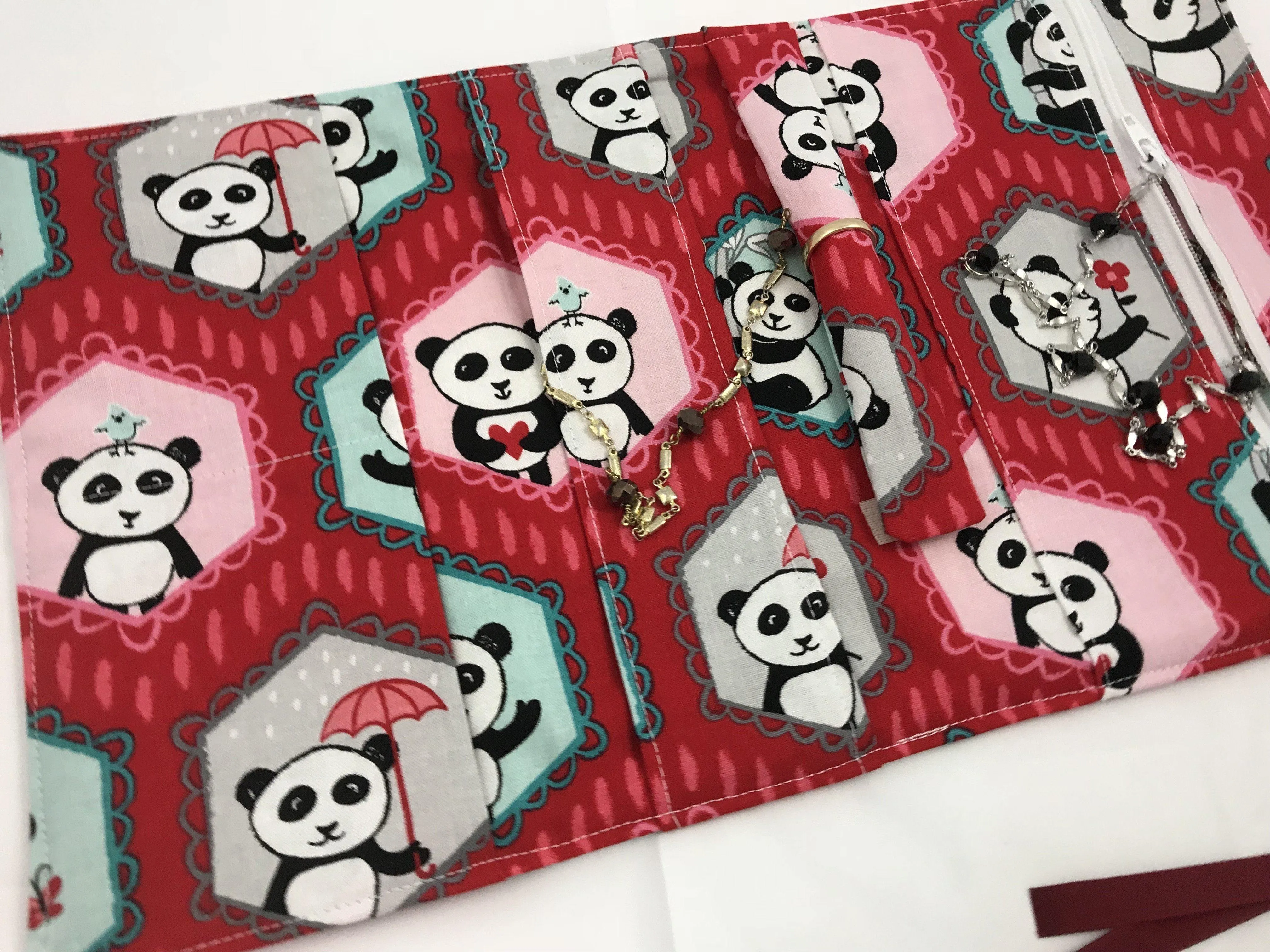 Red Travel Jewelry Case, Travel Bracelet Pouch, Jewelry Organizer, Panda