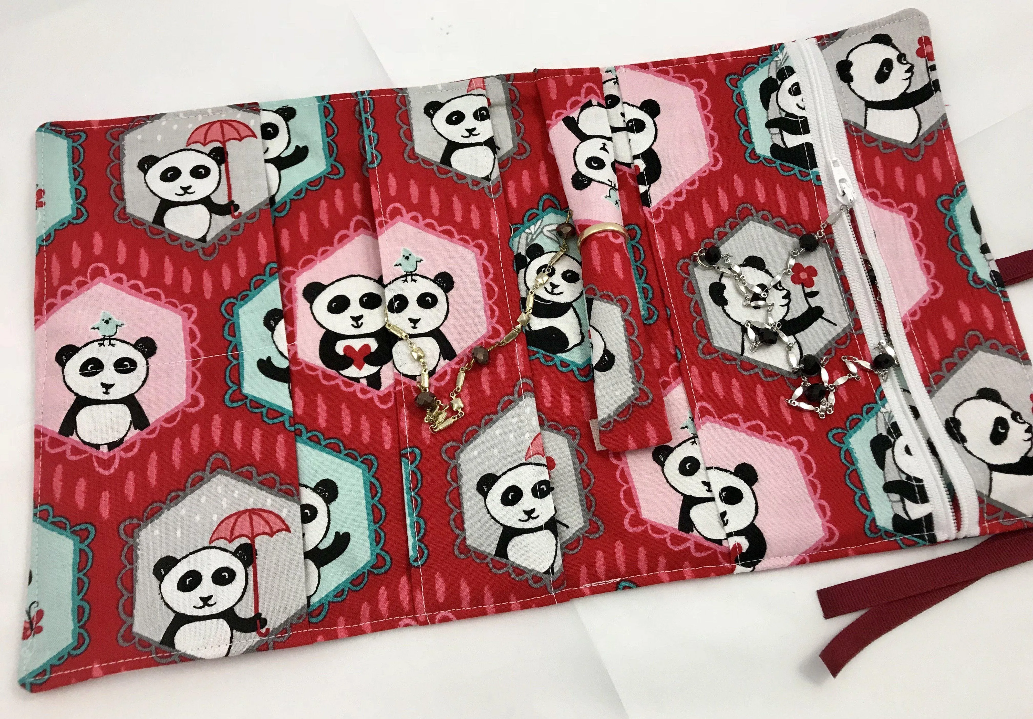 Red Travel Jewelry Case, Travel Bracelet Pouch, Jewelry Organizer, Panda