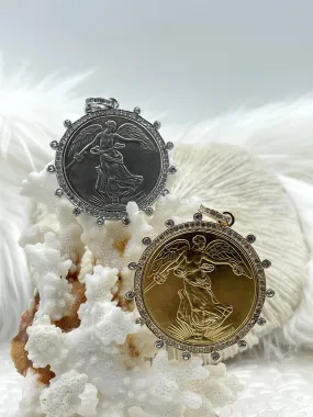 Reproduction French Commemorative Medal Coin Pendant, French coin, Art Deco Coin, Antique Coin Bezel W/Cubic Zirconia. Fast Ship