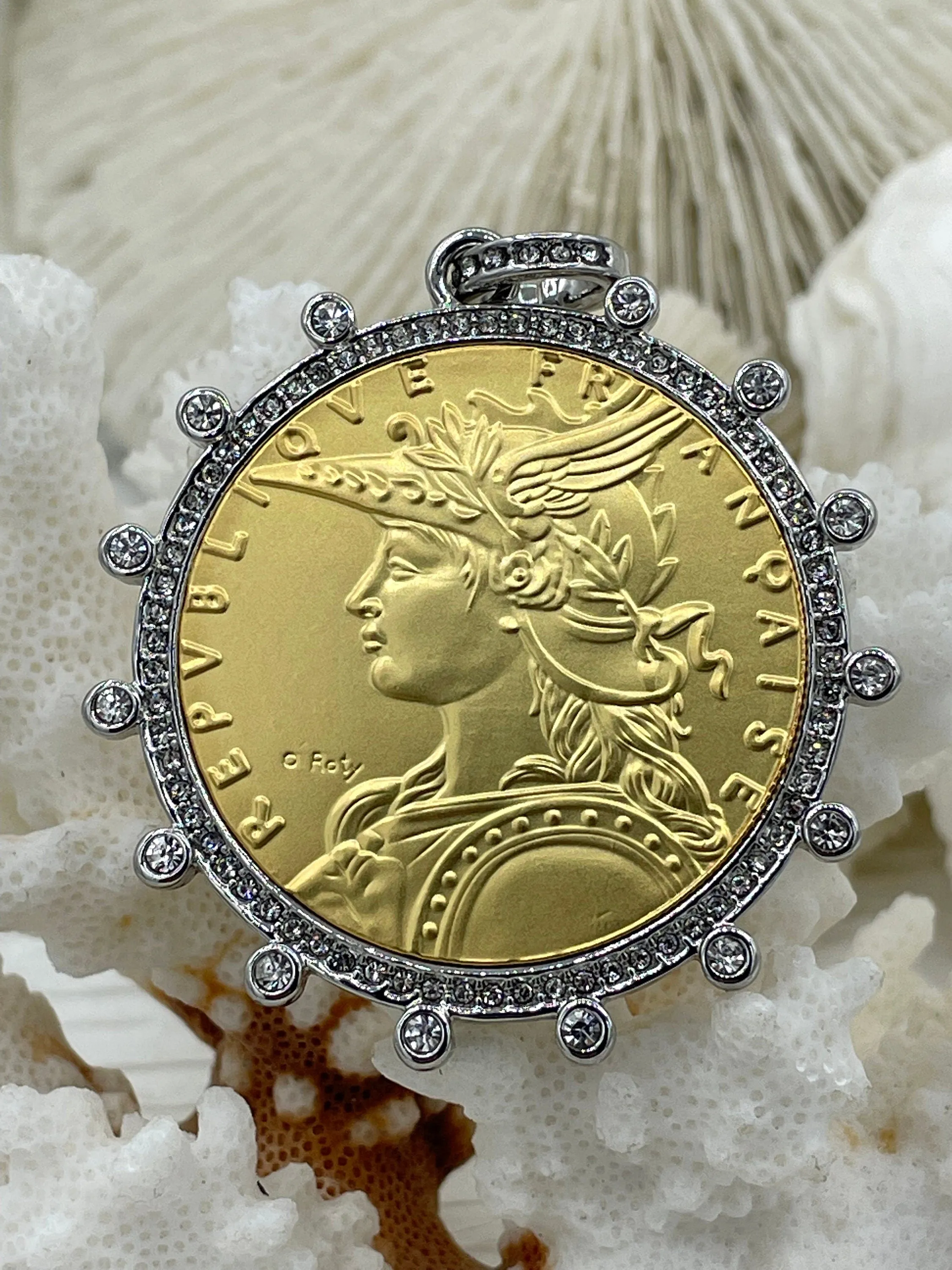 Reproduction French Madagascar Medal Coin Pendant, Bezel, French coin, Art Deco Coin, Antique Coin Bezel W/Cubic Zirconia. Fast Ship