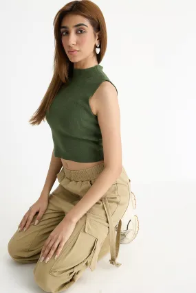 Ribbed Turtle Neck Olive Green Top