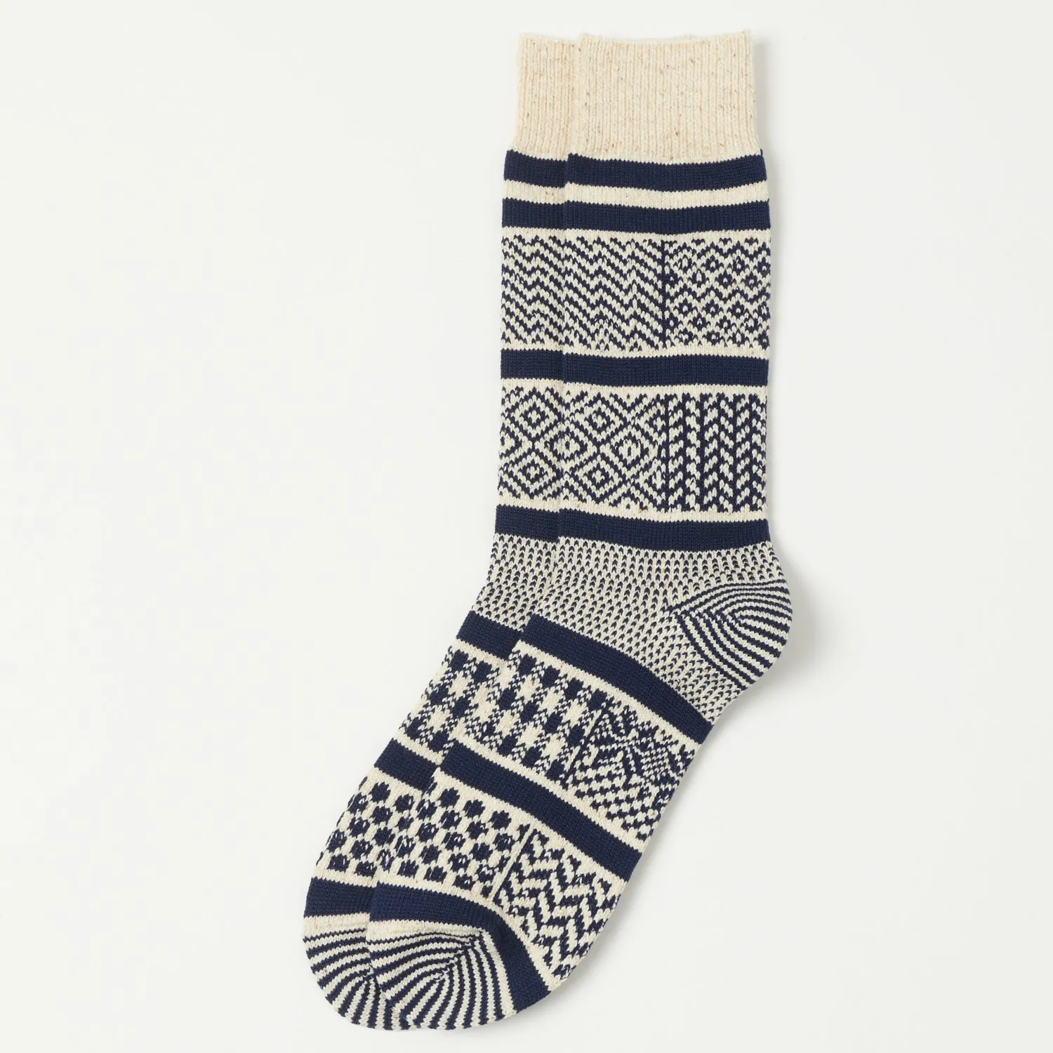 RoToTo Multi Jacquard Sock - Ivory/Navy