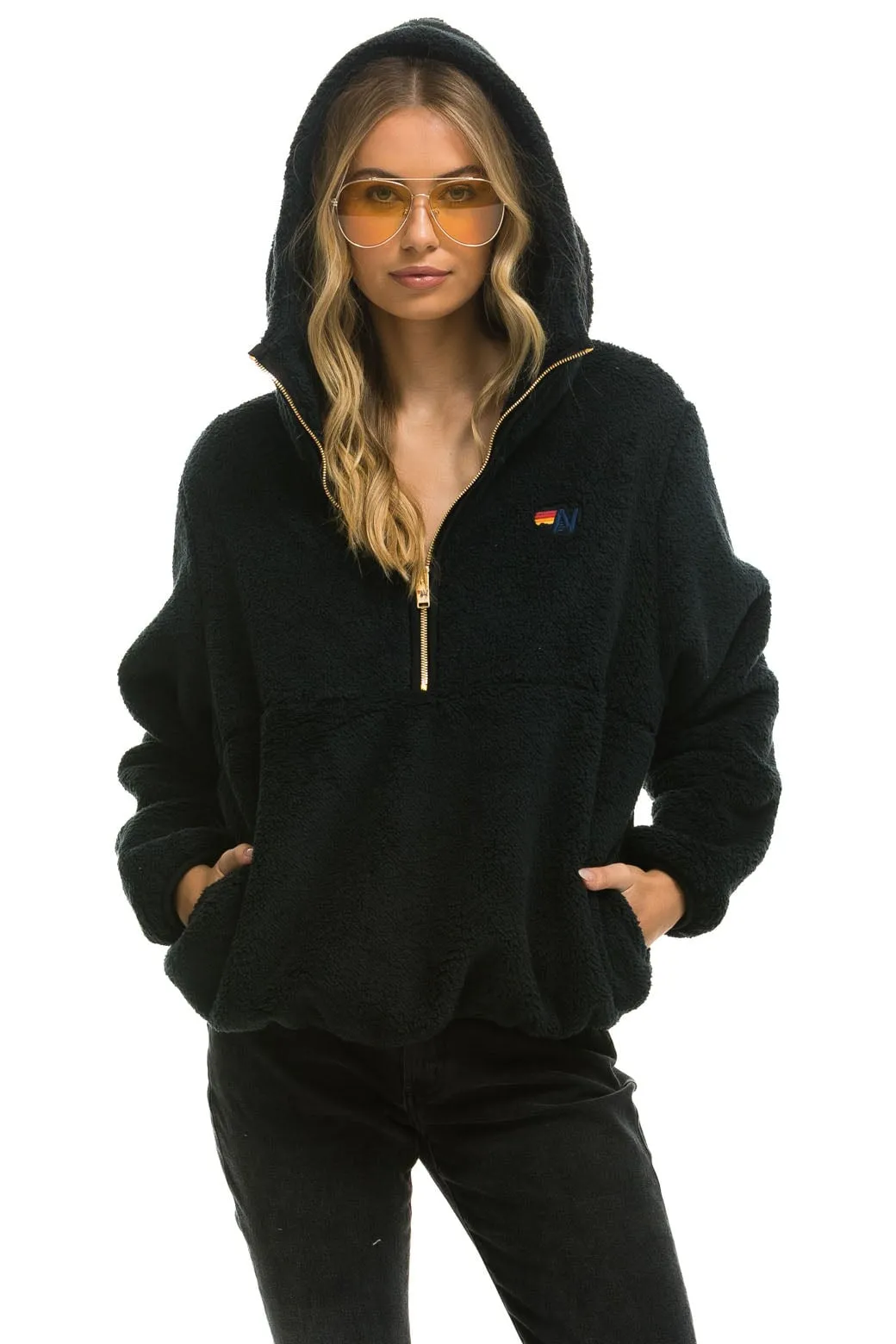 TEDDY UNISEX HOODED HALF ZIP JACKET - BLACK